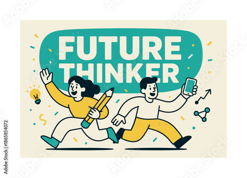 Future Thinker Banner. Future thinker banner, flat vector illustration, bold oversized text inside rounded blob banner shape, cartoon characters running and