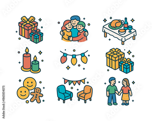 Festive Family Icons. Family Gathering. Colorful isometric vector icons set of Family Gathering: shared gifts, group hug icon, holiday table, candles, warm