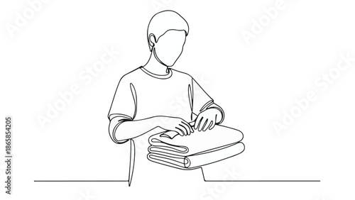 Person folding laundry, a simple line art illustration of domestic chores and organization