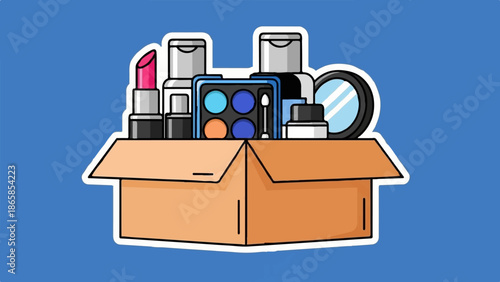 Box of assorted cosmetic items including lipstick, eye shadow palette, and mirrors