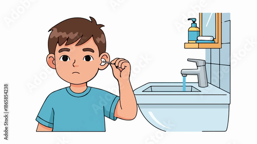 Boy in blue shirt cleans ear with swab near sink with running water