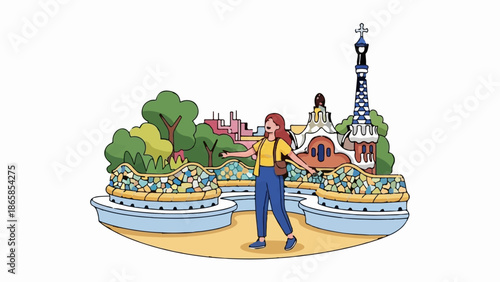 A woman in a yellow shirt and blue pants explores a colorful, whimsical park with unique architecture