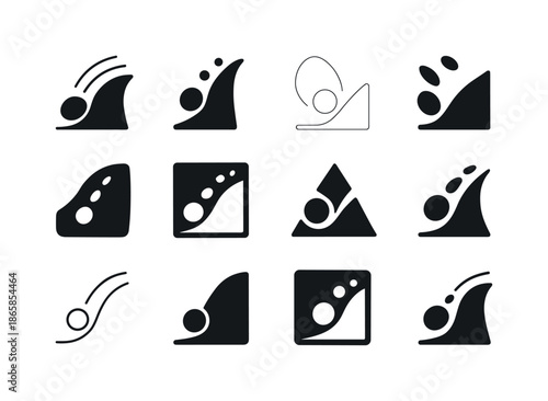 Rolling Icons Variations. Rolling down the hill. Icon set. Set Logo of rolling down the hill: sliding pebble trail. harmonious logo variations of the same