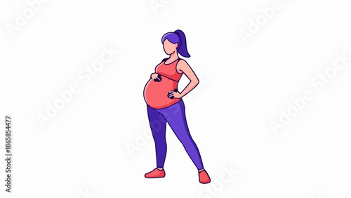 A woman with purple hair in a ponytail, wearing a coral tank top and purple leggings