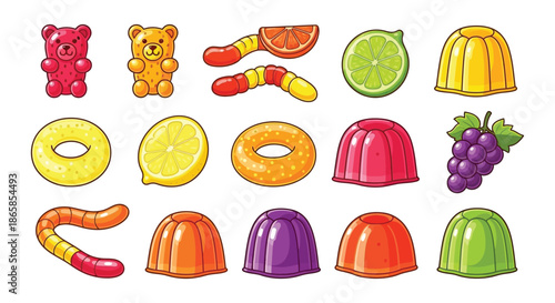 An assortment of colorful fruits gummy candies and fresh produce displayed together