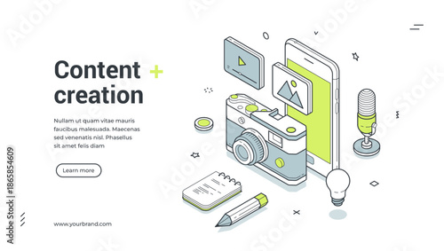 Media content creation cyberspace digital technology isometric web banner design template vector illustration. Multimedia video photo audio files social network internet marketing advertising