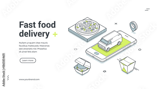 Fast food delivery service mobile app isometric web banner design template vector illustration. Meal dish shipping cafe eatery restaurant culinary cuisine gourmet commercial marketplace order