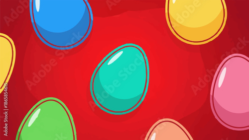 Brightly colored Easter eggs with a festive red background, creating a cheerful and celebratory atmosphere