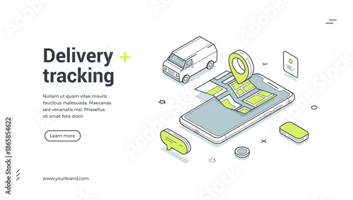 Delivery tracking courier GPS navigation mobile app isometric web banner design template vector illustration. Cargo online shopping postal logistic distribution map smartphone digital technology