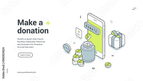 Make donation charity mobile app service isometric web banner design template vector illustration. Donating social support assistance volunteer help send money internet banking technology