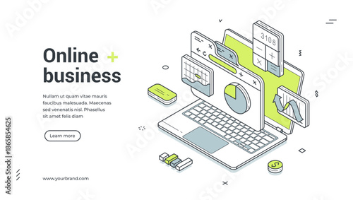 Online business analyzing strategy development isometric web banner design template vector illustration. Internet commercial retail financial productivity efficiency analysis laptop workflow