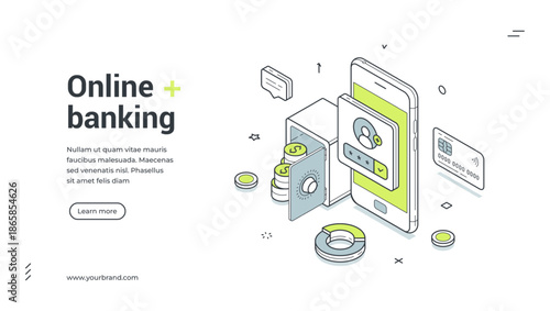 Online banking digital wallet mobile application isometric web banner design template vector illustration. Internet bank user profile financial savings budget balance analyzing smartphone technology