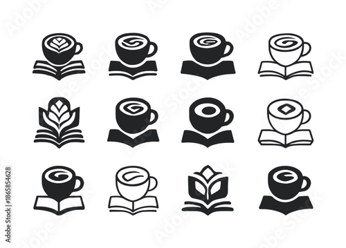 Coffee and Book Icons. coffee and book. Icon set. Set Logo of coffee and book: latte swirl. harmonious logo variations of the same emblematic concept, each