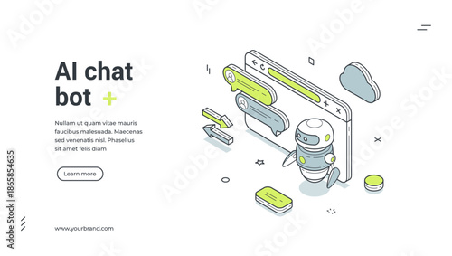 AI chatbot virtual assistant internet browser isometric web banner design template vector illustration. Artificial intelligence chat bot information robotic search answer question online help dialogue