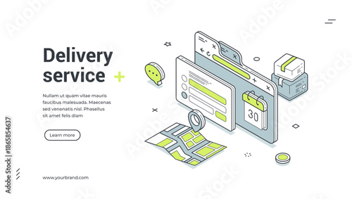 Delivery service logistic distribution company workflow isometric web banner design template vector illustration. Courier shipment cargo postal parcel online shopping marketplace order shipping