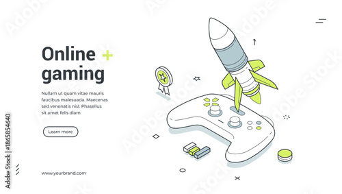 Online gaming virtual video esport isometric web banner design template vector illustration. Cyberspace entertainment game playing joystick gamepad with spaceship digital technology