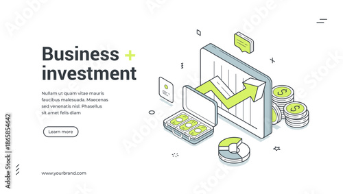 Business investment money market analyzing isometric web banner design template vector illustration. Financial banking budget balance savings wealth profit data information monitoring control