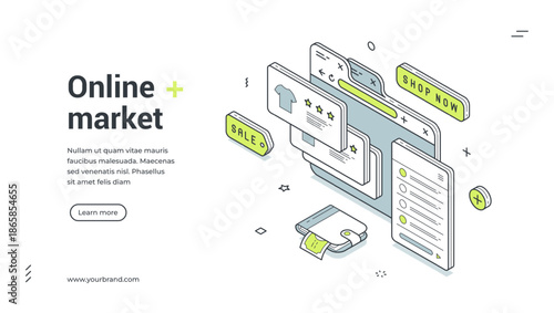 Online shopping market marketplace order isometric web banner design template vector illustration. Internet shop store website menu buying goods purchasing cyberspace business commercial retail