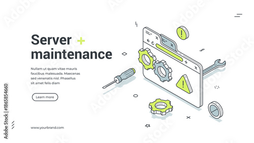 Computer server maintenance hardware support isometric web banner design template vector illustration. Digital software repairing analyzing examining network protection digital technology