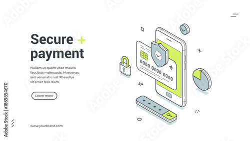 Secure payment digital wallet mobile banking isometric web banner design template vector illustration. Protective paying card financial online shopping wireless digital technology user account safe