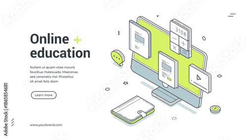 Online education e learning remotely lesson isometric web banner design template vector illustration. Internet studying college school university graduation knowledge digital information technology