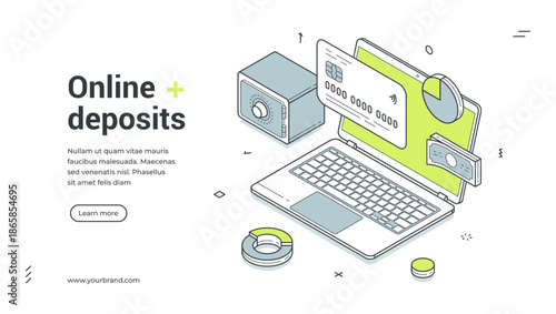 Online deposit banking financial card service isometric web banner design template vector illustration. Internet cashless money investment savings budget balance analyzing cyberspace laptop browser