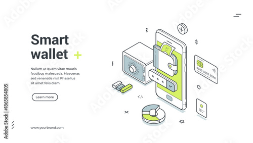 Smart digital wallet online banking mobile app isometric web banner design template vector illustration. Internet shopping payment financial bank savings money transaction smartphone technology