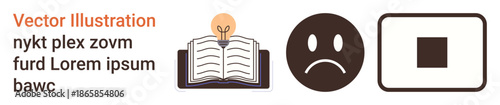 Creativity, emotional expression, education, innovation, boundaries, decision-making. Open book with a lightbulb, sad face emotion and square stop icon. Creativity and emotional expression concept