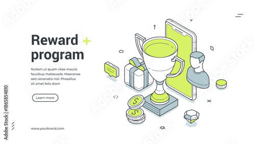 Reward program best choice seller customer isometric web banner design template vector illustration. Award loyalty satisfaction engagement rating evaluation digital service mobile app technology