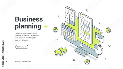 Business planning time management computer workflow isometric web banner design template vector illustration. Work optimization deadline to do list efficiency productivity organization technology