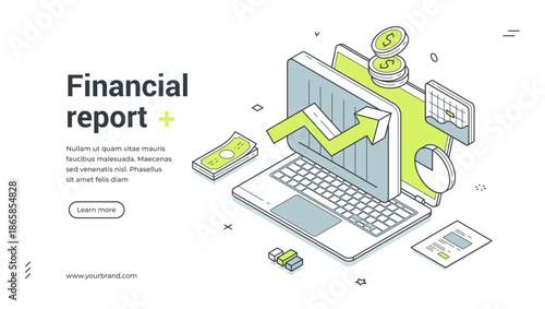 Financial report business economy analyzing isometric web banner design template vector illustration. Commercial efficiency productivity analysis accounting strategy development laptop technology