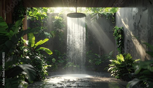 Lush Tropical Outdoor Shower With Sunlight Beams Illuminating Water Falling Onto Stone Floor Surrounded By Greenery