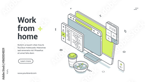 Work from home office remotely freelance business isometric web banner design template vector illustration. Distance job remote internet project coding SMM computer workflow digital technology