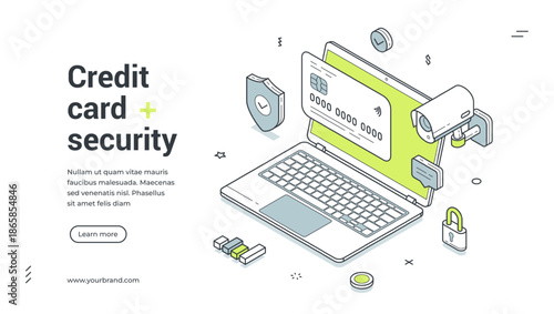Credit card online banking security isometric web banner design template vector illustration. Internet bank personal user account cashless money financial transaction cyberspace protection technology