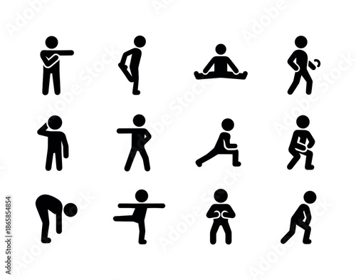 Warm-up Exercise Icons. Warm-up exercises. Solid icon set of warm-up exercises: arm stretch, leg stretch, split stretch, ankle rotation, neck stretch, torso