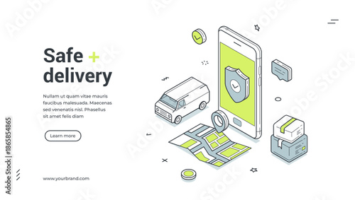 Safe delivery cargo transportation mobile app isometric web banner design template vector illustration. Freight shipping GPS tracking service protection guarantee smartphone application