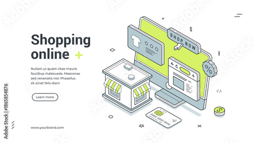 Online shopping marketplace order computer isometric web banner design template vector illustration. Internet store shop buying goods purchase cyberspace retail commercial e business technology