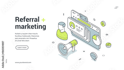 Referral marketing strategy promo program isometric web banner design template vector illustration. Internet advertising campaign client recommend loyalty affiliate social media network technology