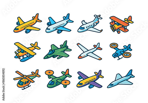 Colorful Aircraft Icons. Aircraft types. Colorful isometric vector icons set of Aircraft types: passenger jet, cargo plane, private jet, biplane, seaplane,