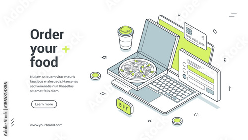 Order your food online shopping menu isometric web banner design template vector illustration. Cafe restaurant marketplace meal dish purchase laptop retail commercial e business digital technology