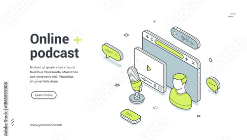 Online podcast audio social media content isometric web banner design template vector illustration. Cyberspace entertainment radio show interview listen information influencer auditorium interaction