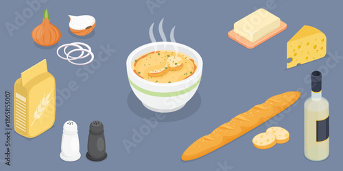 Onion soup recipe from French cuisine. Ingredients for onion soup, cheese, butter, baguette, onions, wine, flour, salt. 3d flat isometric vector illustration.