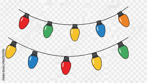 Brightly colored string lights in red, green, blue, yellow, and orange on a transparent background