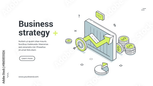 Business strategy development analyzing isometric web banner design template vector illustration. Commercial analysis efficiency productivity marketing optimization management financial data control