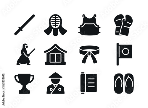 Kendo Icon Set. Kendo. Solid icon set of Kendo: bamboo sword, helmet, armor, gloves, stance, dojo, belt, flag, trophy, referee, scroll, sandals. Filled icons