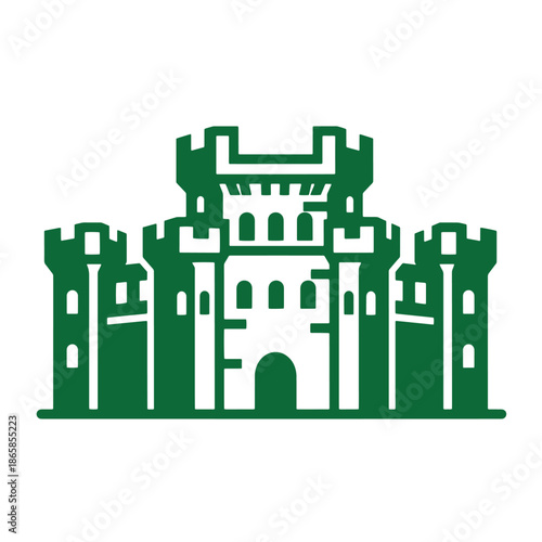green castle icon with towers and battlements on white background  medieval fortress silhouette
