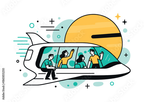 Futuristic Space Tourism. Space tourism. A futuristic spacecraft glides past a giant planet as tourists gaze through panoramic windows; floating stars trail