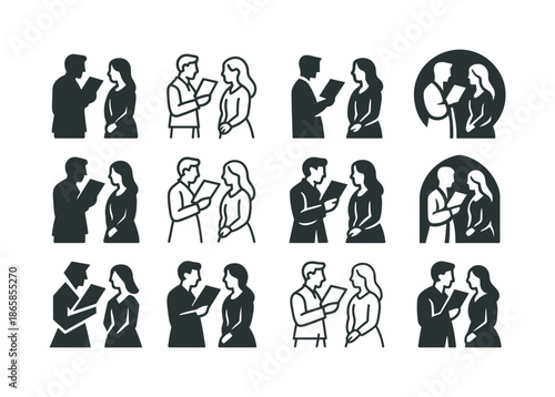 Shakespearean Rehearsal Icons. Actors Rehearsing a Scene from a Shakespearean Play. Icon set. Set Logo of Actors Rehearsing a Scene from a Shakespearean Play: