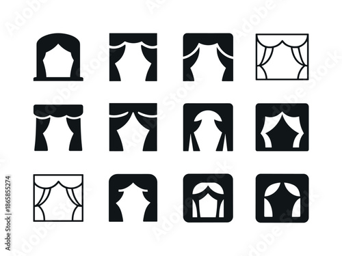 Theater Logo Set. Theater performances. Icon set. Set Logo of theater performances: theatrical stage structure. harmonious logo variations of the