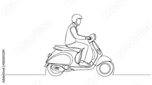Continuous line drawing of a person riding a vintage-style scooter, showcasing minimalist urban transport and modern mobility concepts